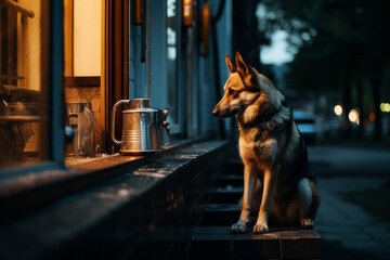 Lonely sad german shepherd dog sitting at cafe entrance and waiting for food at evening time. Lonely animals concept - obrazy, fototapety, plakaty
