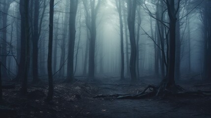 A panoramic view of a mist-shrouded forest, evoking the enchanting ambiance of a spooky, fairy tale-like woodland on a foggy day. This scene captures the chilling atmosphere of a foggy morning