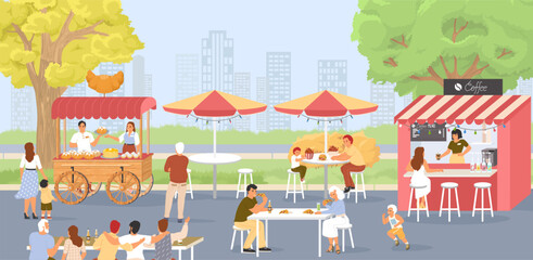 Street food festival vector scene with happy eating people