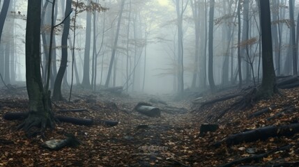 Obraz premium A panoramic view of a mist-shrouded forest, evoking the enchanting ambiance of a spooky, fairy tale-like woodland on a foggy day. This scene captures the chilling atmosphere of a foggy morning