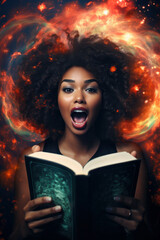 Fototapeta premium cheerful black girl reads literature. magic and imagination from learning. the woman is delighted with the training