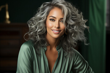 Generative AI photography of stunning lady with wavy grey color hair