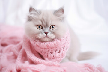 cute fluffy cat in a pink scarf. New Year and Christmas for your pet. happy kitten