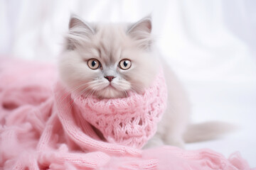 Obraz premium cute fluffy cat in a pink scarf. New Year and Christmas for your pet. happy kitten