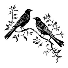 black illustration design of two birds on a tree branch on a white background