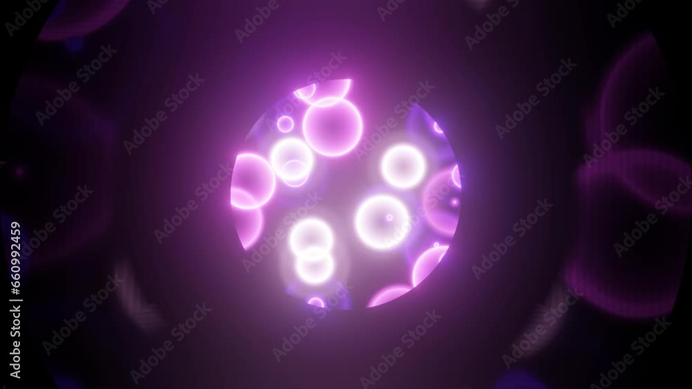 Poster neon glowing dynamic circles on a plane in a dark space. simple animated background. modern multicol