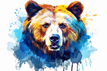 colorful bear head drawn with paints. art illustration of a wild animal on a white background. drops and splashes.