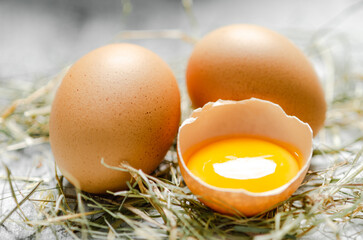 Fresh eggs on straw.