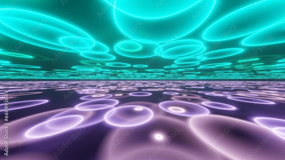 Poster neon glowing dynamic circles on a plane in a dark space. simple animated background. modern multicol