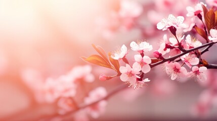 A backdrop of springtime blossoms, featuring a stunning natural landscape with a flowering tree and radiant sunlight. A bright and sunny day showcases the beauty of spring flowers in a delightful