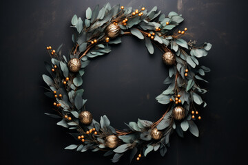 Holiday wreath composed of eucalyptus leaves golden baubles and orange berries on dark textured background. Christmas decoration concept