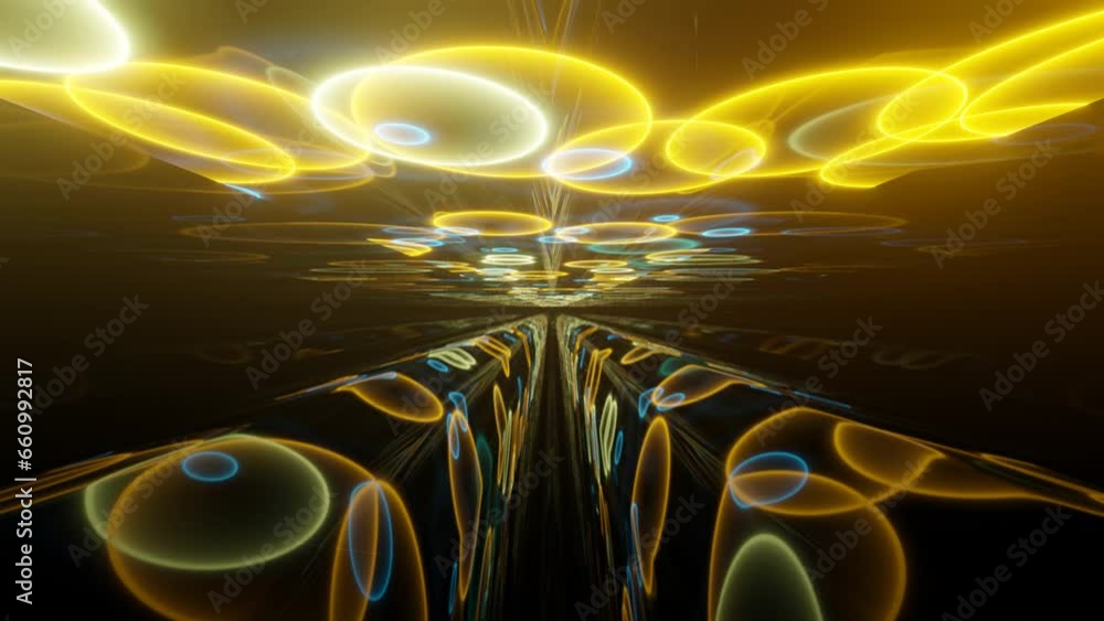 Poster futuristic tunnel with reflections of shiny neon circles on a black background. dynamic multicolor r