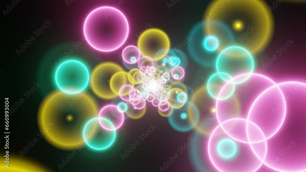 Aufkleber shiny neon circles in abstract pattern on a black background. dynamic multicolor rings with bright n