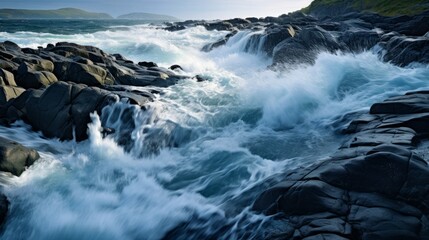 Gentle transitions between the river and sea waves as they intermingle during high and low tides. Natural wonders of the Saltstraumen maelstrom in Nordland, Norway, characterized by mesmerizing