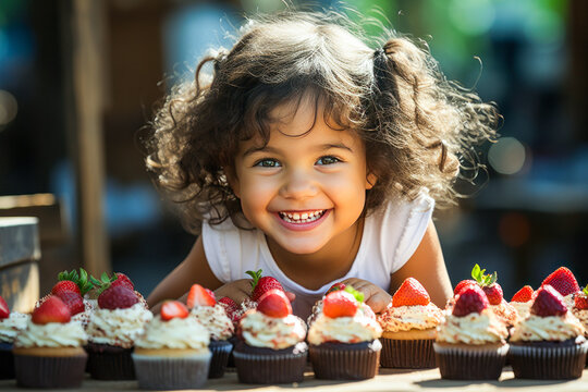 Delightful scene of an excited child reaching for a vegan cupcake with berries in a sunny park.