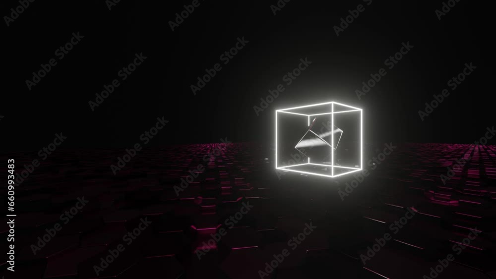 Aufkleber neon glowing abstract 3d model rotates in a dark space with reflections on the floor. realistic 3d c