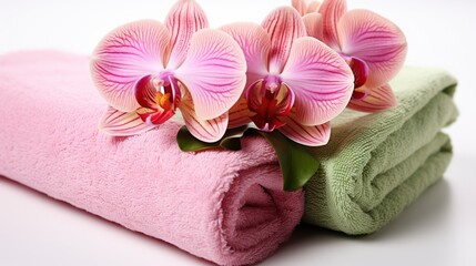 Pure Harmony. Orchid flower and towel rolls, isolated on white. Generative AI
