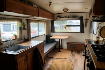 Compact mobile home with large window views for summer adventures. Generative AI
