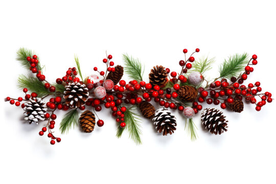 A festive garland of red berries pinecones and snow dusted greenery on a white background. Winter holiday concept