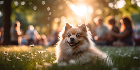 Cute puppy sitting on the grass in a park at sunset