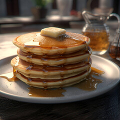Stack of pancakes with maple syrup and butter on a wooden table. - obrazy, fototapety, plakaty