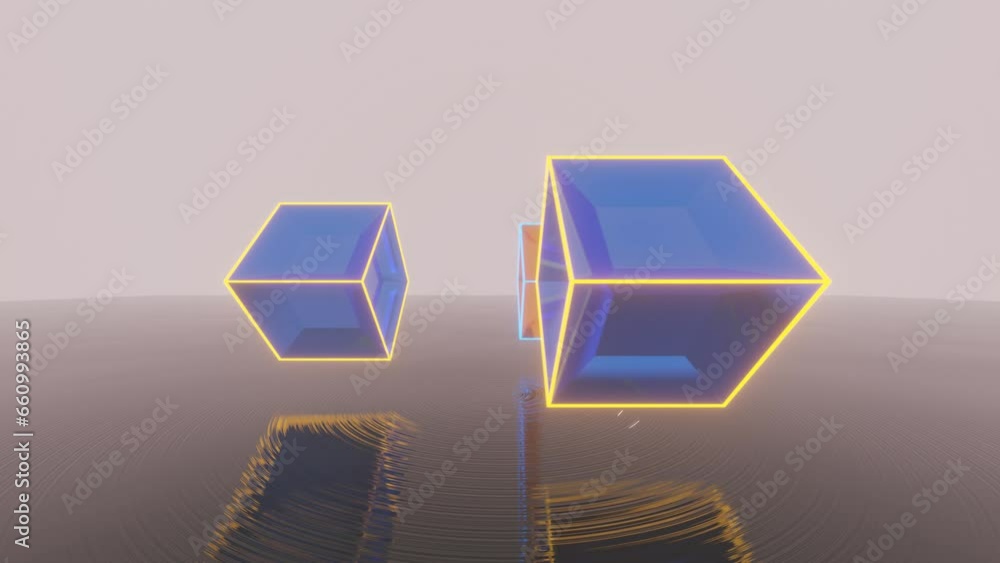 Aufkleber 3d cube with neon glowing edges and mirror faces floating on a dark water surface. abstract 3d anima