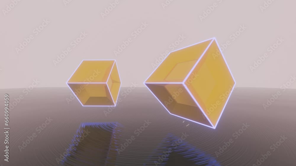 Aufkleber 3d cube with neon glowing edges and mirror faces floating on a dark water surface. abstract 3d anima