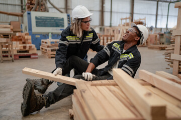 Foreman injured from accident lying on floor crying with pain in warehouse. Female worker emergency...