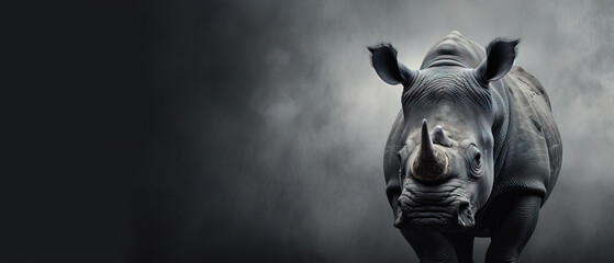 Front view of Rhinoceros on black background. Wild animals banner with copy space