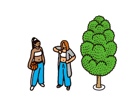 90年代ヒップホップファッションの女性と木