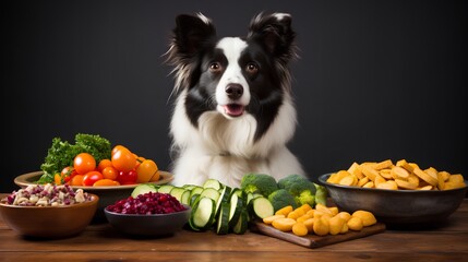 Nutritious food options for dogs with humangrade nutrition for pet health. Fresh vegetables and other wholesome ingredients for animal health. Trend of providing high quality, healthy pet products.