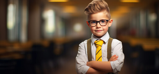 Obraz premium Adorable primary school boy, little nerd with glassess. Education, back to school and learning concept with copy space.