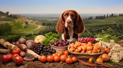Poster Nutritious food options for dogs with humangrade nutrition for pet health. Fresh vegetables and other wholesome ingredients for animal health. Trend of providing high quality, healthy pet products. © TensorSpark