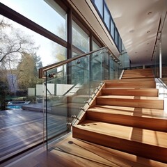 Metal railings and glass wall in modern city. 