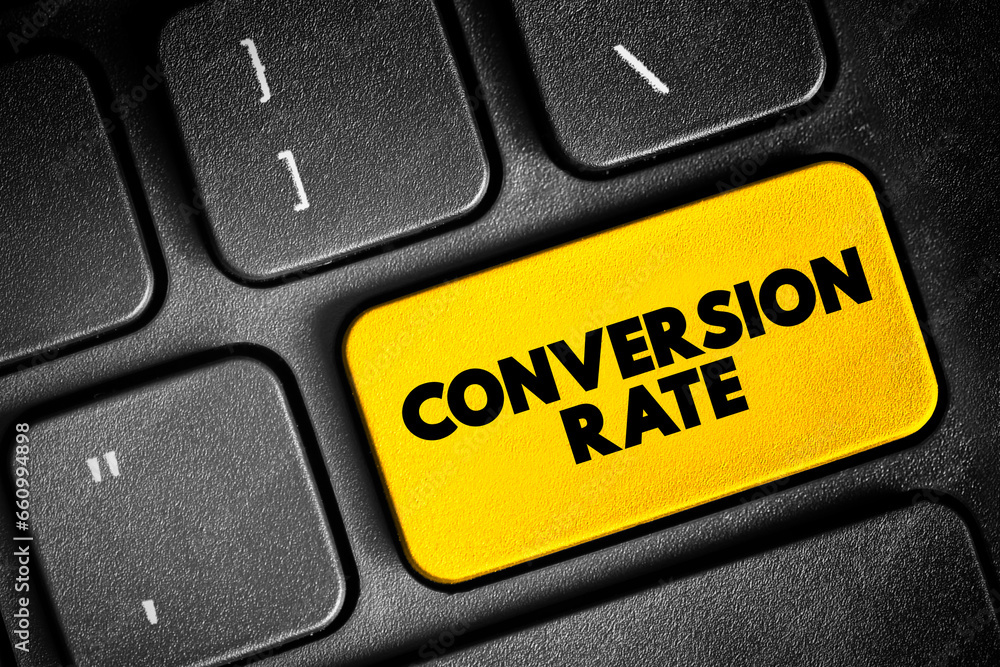 Aufkleber conversion rate text button on keyboard, concept background