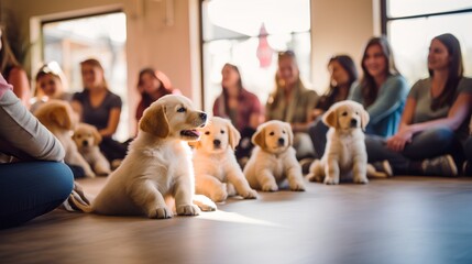 Puppy socialization class with pets and their owners participating. Dogs learning to interact and socialize with other dogs and humans, under the guidance of a professional dog trainer. Fun playing. - obrazy, fototapety, plakaty