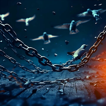 Conceptual image with flying birds and chain. 3d rendering