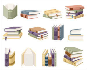 A set of books. Books are stacked, textbooks are stacked on top of each other. Vector illustration on a white background