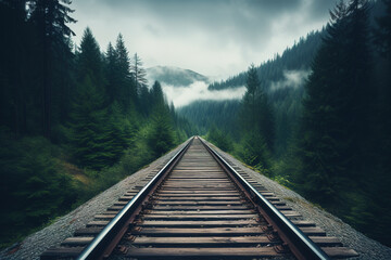 Fototapeta na wymiar Railroad tracks winding through a green forest