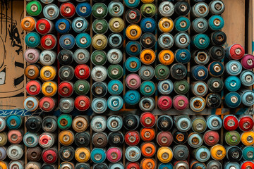 Colorful spray paint bottles lined up on the wall