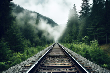 Railroad tracks winding through a green forest