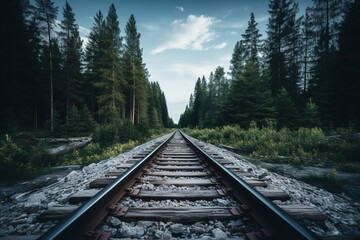 Railroad tracks winding through a green forest