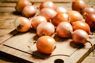 Fresh onions on table .