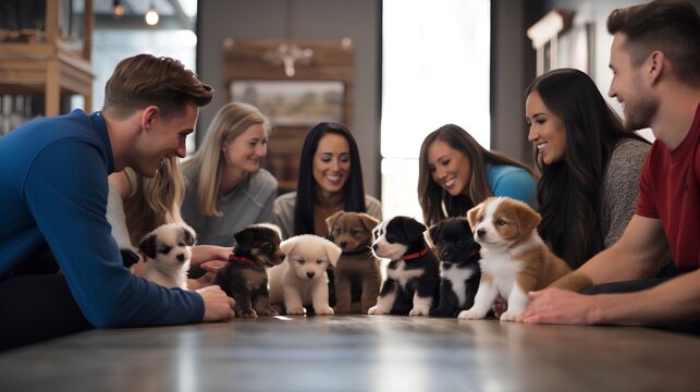 Puppy socialization class with pets and their owners participating. Dogs learning to interact and socialize with other dogs and humans, under the guidance of a professional dog trainer. Fun playing.