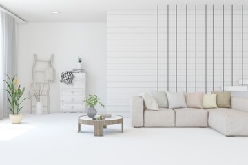 White modern interior design with sofa. Scandinavian interior design. 3D illustration