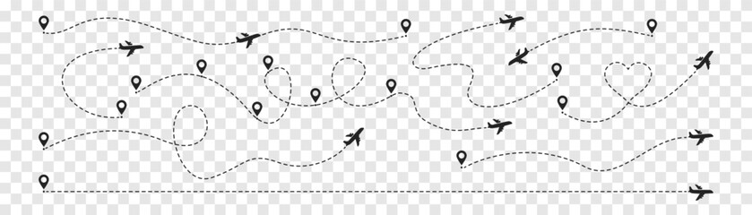 Plane route line. Airplane with dashed trace and map pin at start. Various aircrafts and destination pins icons. Editable stroke path.