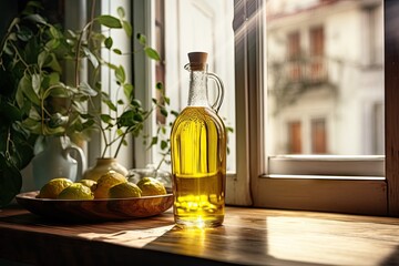 Golden goodness. Fresh olive oil in glass bottle. Mediterranean elixir. Healthy green. Nature...