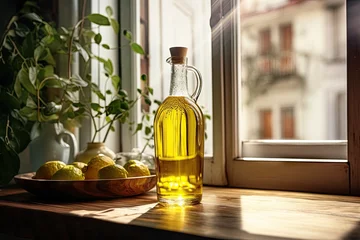 Fotobehang Golden goodness. Fresh olive oil in glass bottle. Mediterranean elixir. Healthy green. Nature bounty. Freshly pressed extra virgin © Bussakon