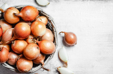 Fresh onions. On table
