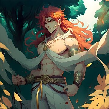 wearing a greek gods toga in a forest dynamic full body illustration a giant handsome man with a angry face expression isaac golden sun fused with link with curly long bright red hair with white 
